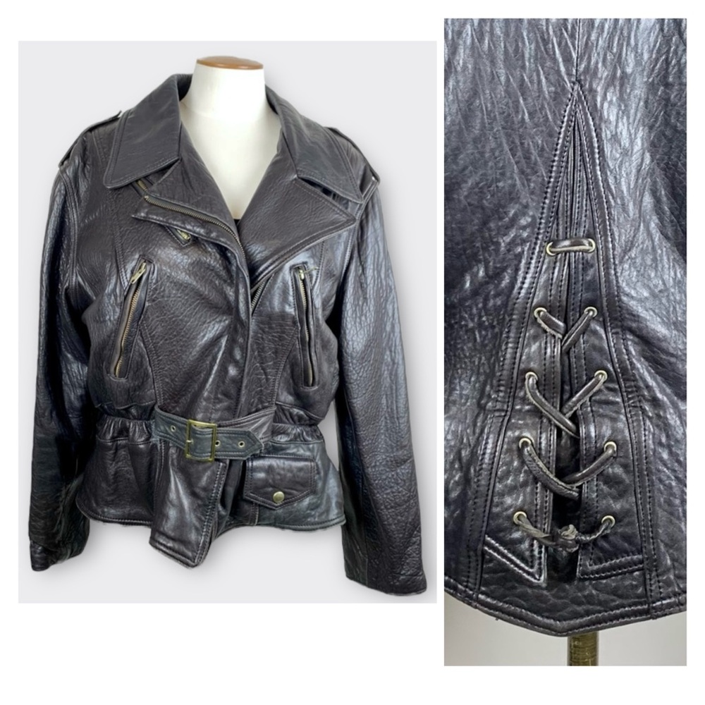 Vintage Leather Moto Jacket Belted Asymmetric Zip Lace-up Back Black Large